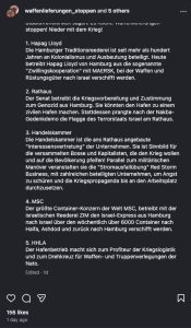 Ausschnitt des Instagram-Begleittexts, der die Stromausfallübung Red Storm Business als Kriegspropaganda bezeichnet.