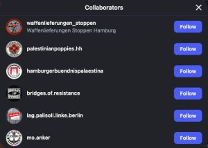 Instagram-Liste der sechs Mitautoren, darunter lag.palisoli.linke.berlin.