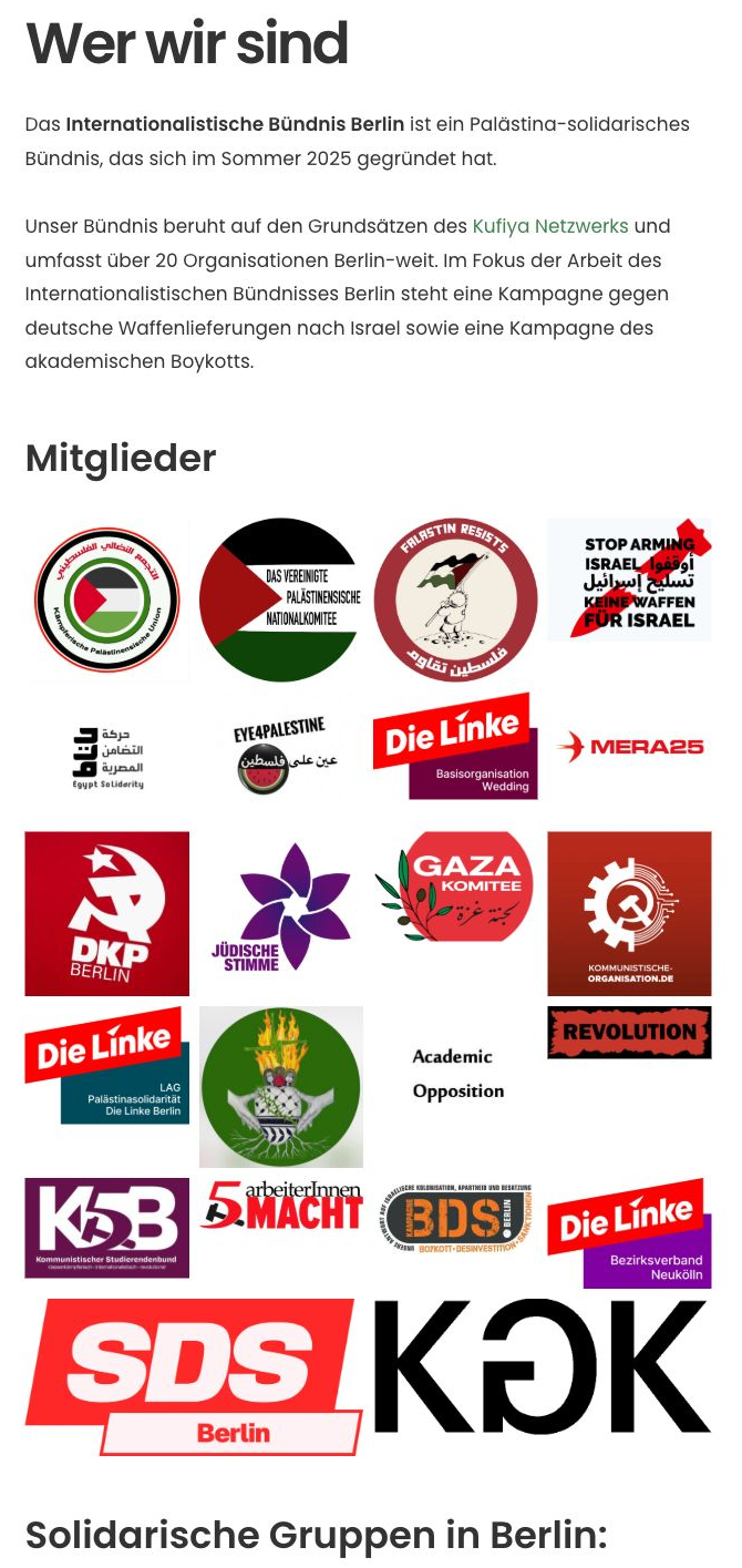 Die Mitgliederübersicht des Internationalistischen Bündnisses Berlin mit VPNK und mehreren Linke-Gliederungen.