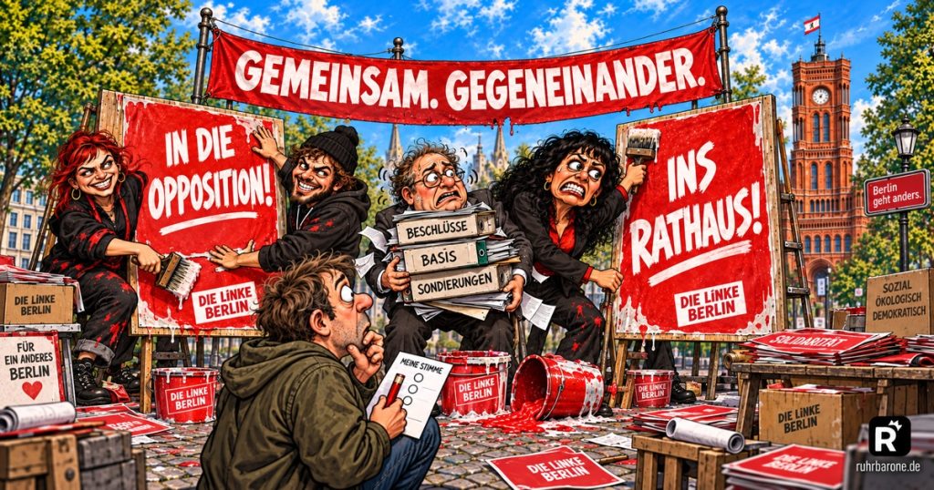 Fiktive politische Karikatur: Elif Eralp wirbt für den Einzug ins Rathaus. Zwei erfundene junge Parteifiguren werben für die Opposition. Ein Funktionär und ein Wähler sind ratlos.