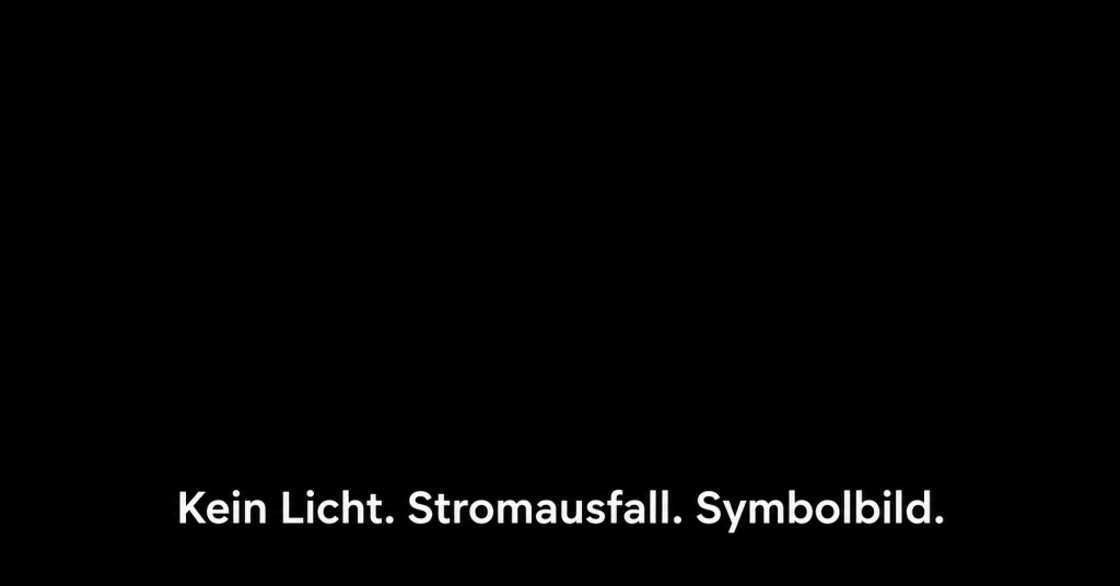 Schwarze Fläche mit weißer Schrift unten: Kein Licht. Stromausfall. Symbolbild.
