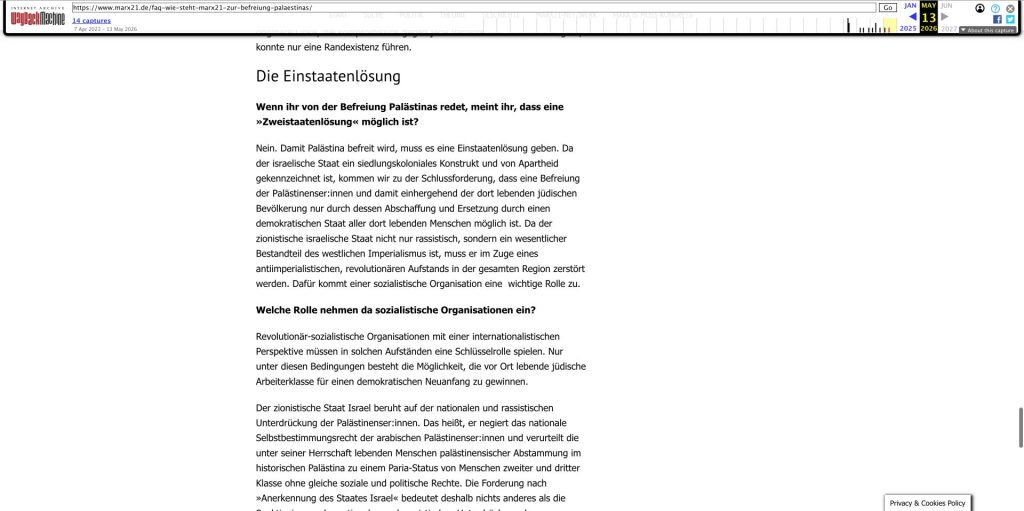 Archivierte marx21-FAQ: Passage zur Abschaffung und Zerstörung des israelischen Staates