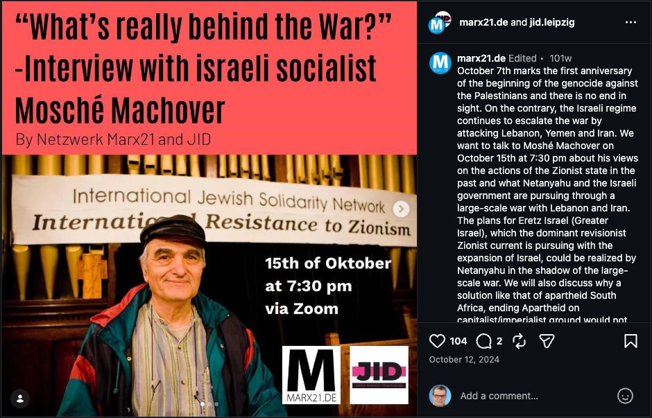 Instagram-Ankündigung von marx21 und JID Leipzig vom 12. Oktober 2024 mit ihrer Darstellung des 7. Oktober