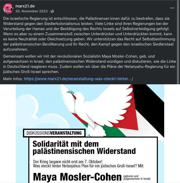 Facebook-Beitrag von marx21 vom 20. November 2023 über Hamas-Verurteilung und palästinensischen Widerstand