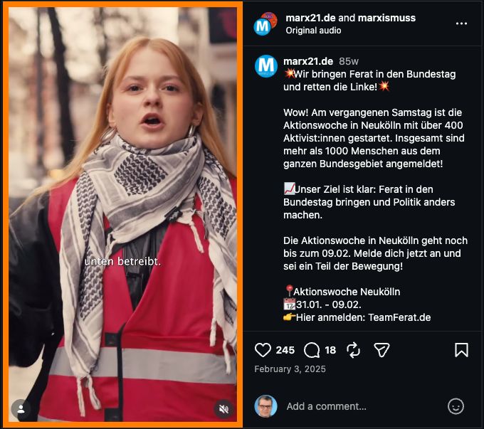 marx21 und Marx Is Muss werben am 3. Februar 2025 für Ferat Koçaks Bundestagswahlkampf