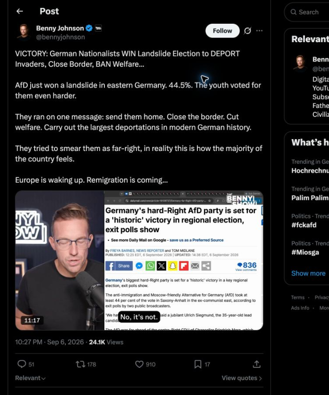 Screenshot des X-Beitrags von Benny Johnson zum AfD-Wahlsieg in Sachsen-Anhalt