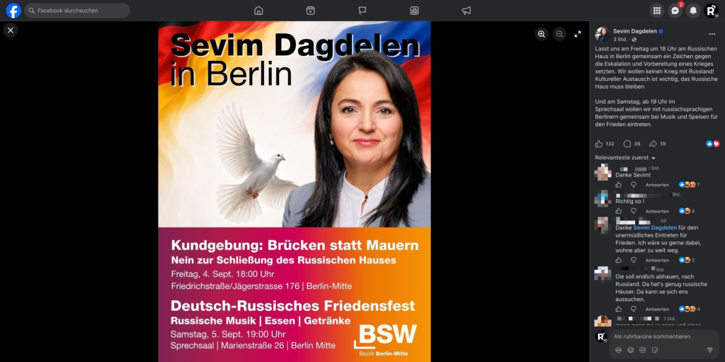 Facebook-Beitrag von Sevim Dağdelen mit Aufruf gegen die Schließung des Russischen Hauses in Berlin