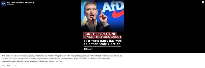 Screenshot der Facebook-Reaktion des American Jewish Committee auf den AfD-Wahlsieg in Sachsen-Anhalt