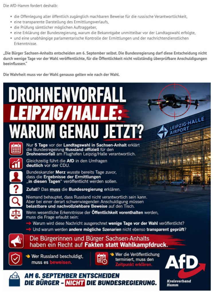 Forderungsliste der AfD Hamm zum Leipziger Drohnenanschlag und die dazu veröffentlichte Grafik mit dem Vorwurf politischer Instrumentalisierung.