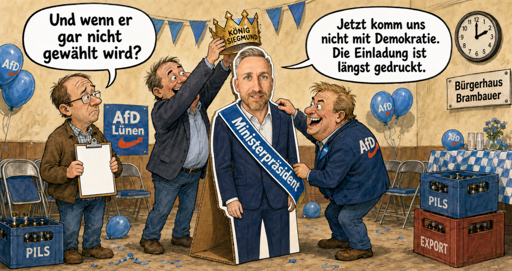 KI-generierte Karikatur: AfD-Anhänger krönen im Bürgerhaus Brambauer einen Pappaufsteller von Ulrich Siegmund. Szene und Dialoge sind erfunden.