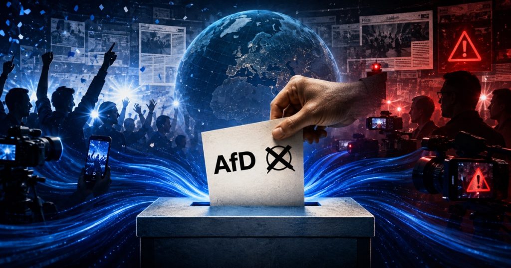 Wahlzettel mit einem Kreuz bei der AfD vor Weltkugel, Medienkameras und internationalem Publikum.