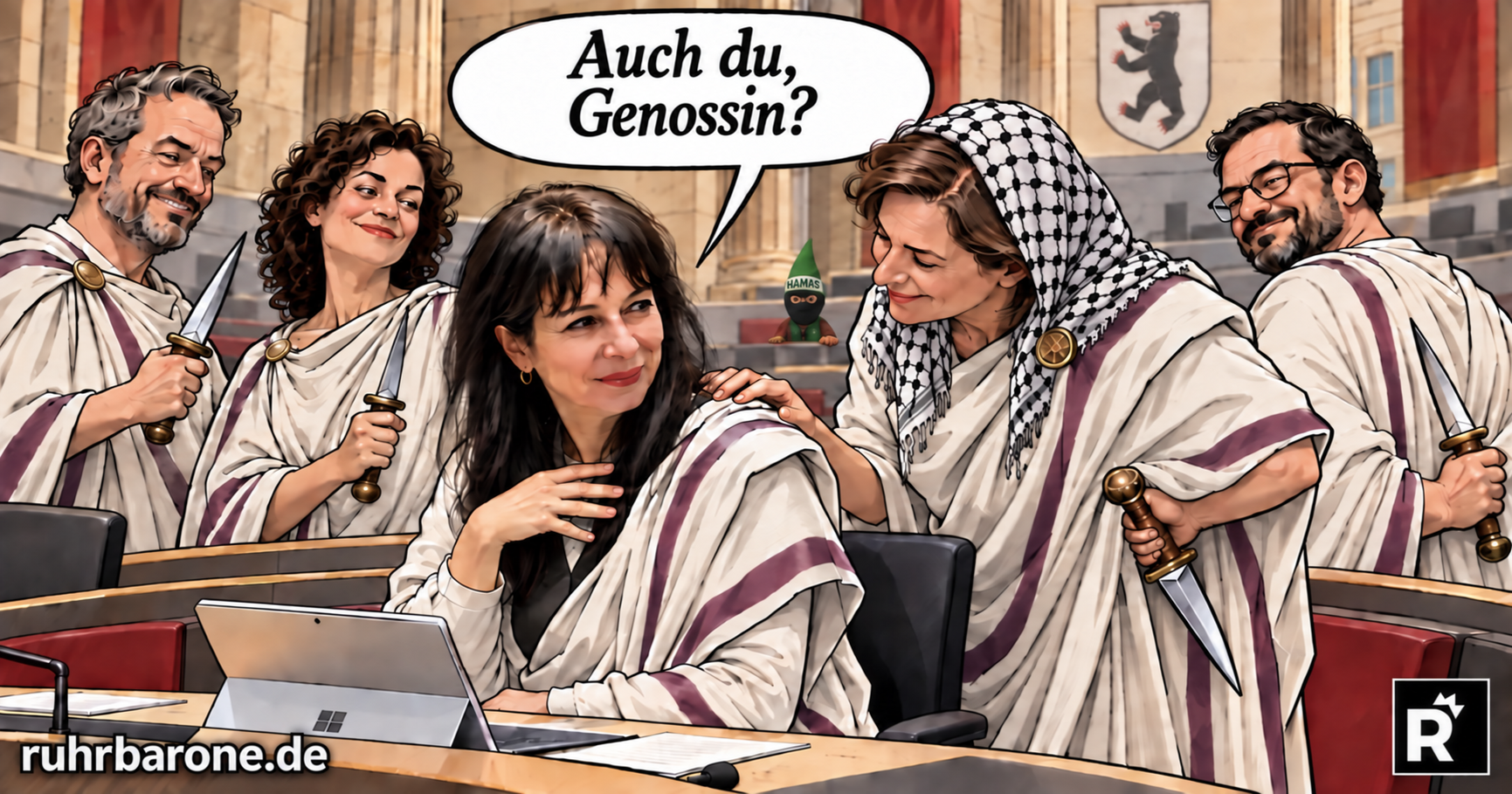 Politische Karikatur: Elif Eralp als Cäsar, umringt von symbolischen Parteifreunden mit Dolchen. An der Wand der Berliner Bär. Sprechblase: Auch du, Genossin?