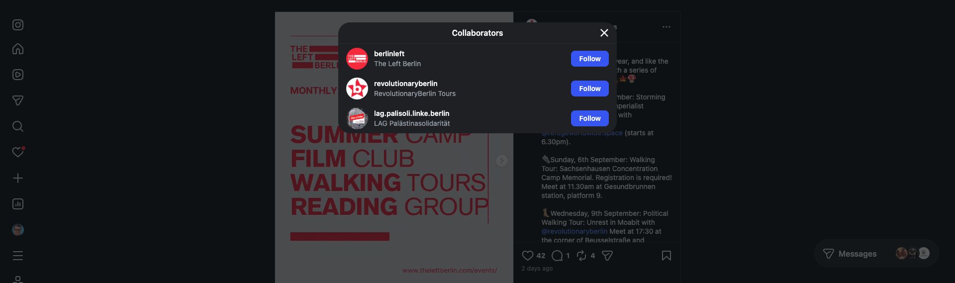 Instagram nennt berlinleft, revolutionaryberlin und lag.palisoli.linke.berlin als Mitautoren des Beitrags vom 5. September 2026.