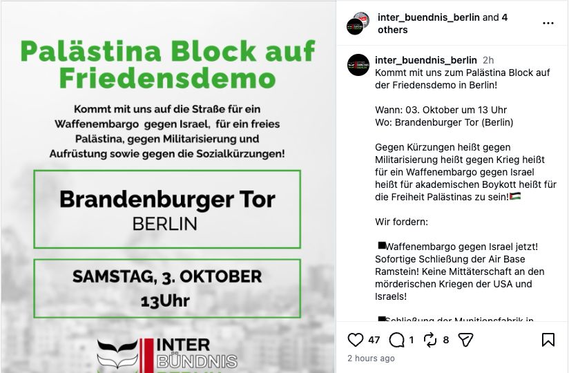 Screenshot des gemeinsamen Instagram-Aufrufs vom 29. September 2026 mit der Forderung nach akademischem Boykott
