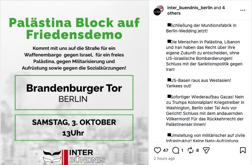 Screenshot eines weiteren Abschnitts desselben Instagram-Aufrufs mit der Forderung nach einem Ende der Sanktionen gegen Iran