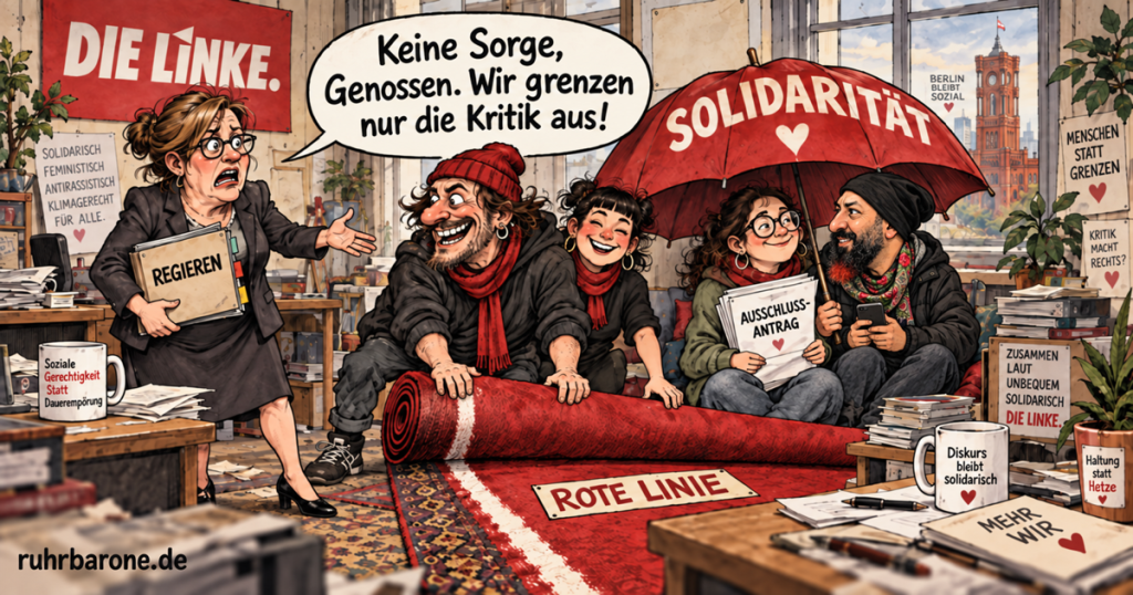 Satirische Karikatur: Ferat Koçak mit schwarzer Mütze und rot gefärbter Bartspitze sitzt rechts unter einem Solidaritätsschirm. Fiktive Linke-Genossen rollen eine rote Linie beiseite.