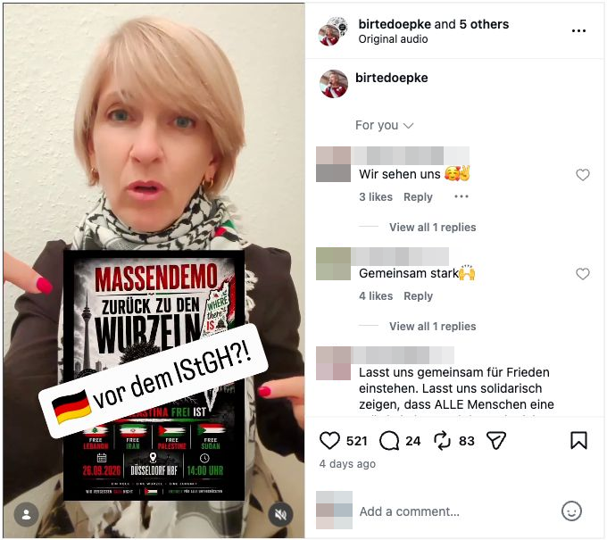 Birte Döpke wirbt auf Instagram für die Düsseldorfer Demonstration am 26. September 2026.