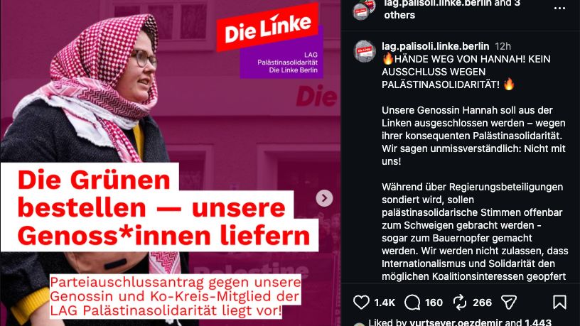 Die Berliner Palästina-LAG greift die Antragsteller gegen Hannah Bruns an.