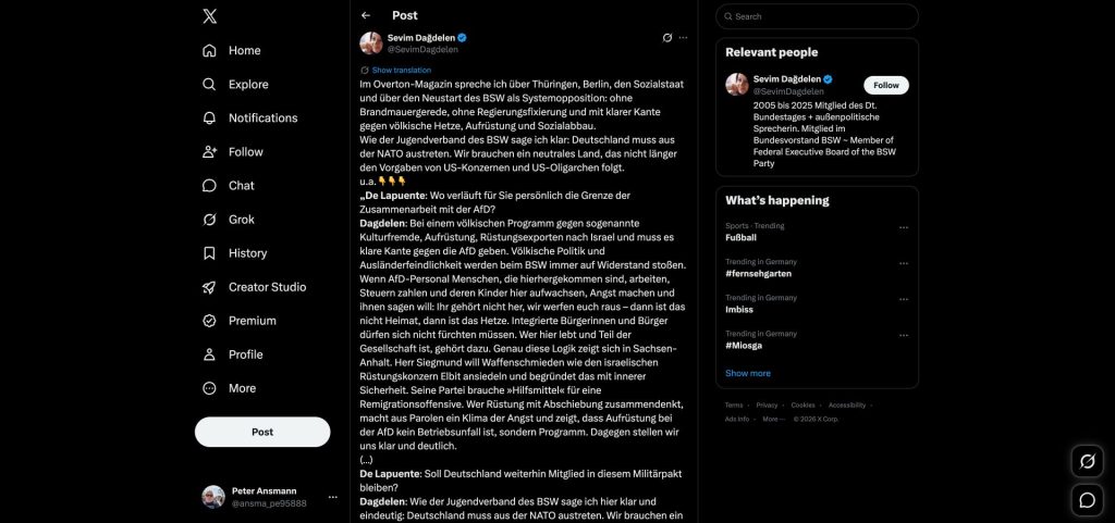 Erster Teil von Sevim Dağdelens X-Beitrag vom 13. September 2026: Einleitung und Aussagen zur AfD.