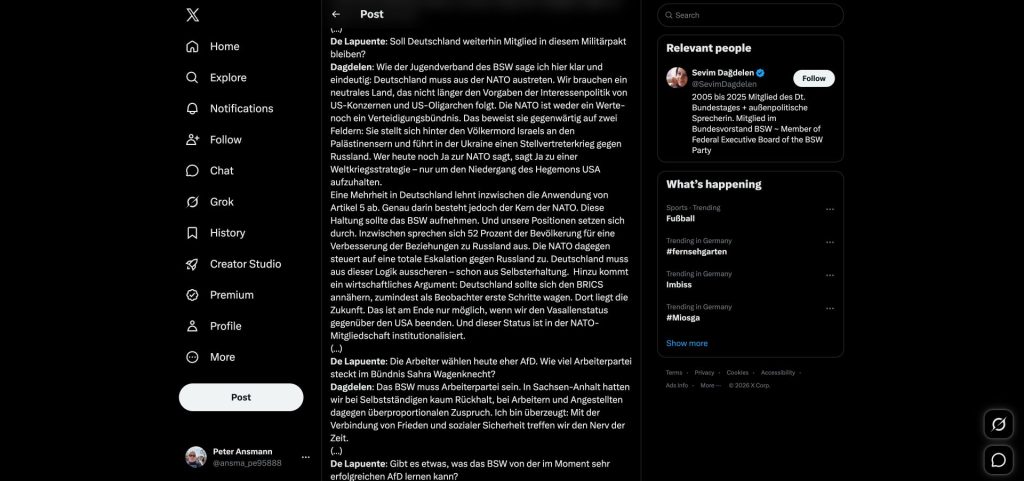 Zweiter Teil von Sevim Dağdelens X-Beitrag vom 13. September 2026: NATO-Austritt, Neutralität und Annäherung an die BRICS.