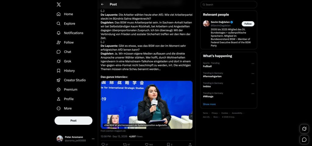 Dritter Teil von Sevim Dağdelens X-Beitrag vom 13. September 2026: BSW und Medienpolitik sowie der sichtbare Zeitstempel des Originals.