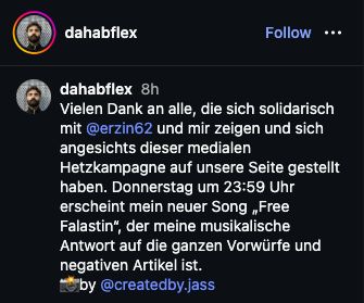 Dahabflex bezeichnet die Berichterstattung am 8. September 2026 als mediale Hetzkampagne und kündigt Free Falastin an.
