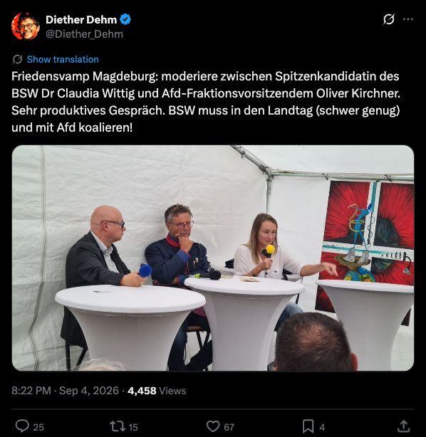 Diether Dehm fordert auf X eine Koalition von BSW und AfD; darunter ein Foto des Podiums.