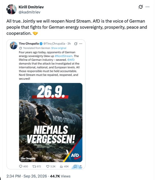 Kirill Dmitrijews X-Post vom 26. September 2026: gemeinsame Wiederöffnung von Nord Stream und Lob für die AfD, mit Screenshot von Tino Chrupallas Beitrag.