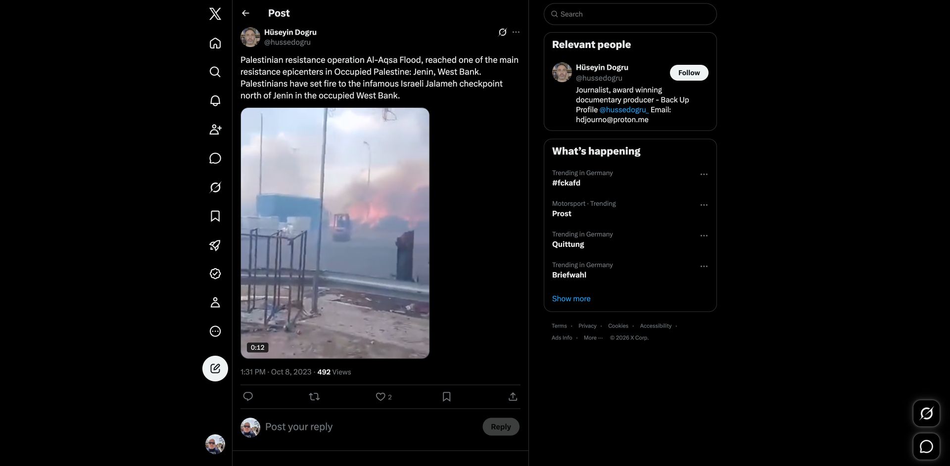 X-Original von Hüseyin Doğru vom 8. Oktober 2023: Al-Aqsa Flood wird als Palestinian resistance operation bezeichnet; Account und Datum sind sichtbar.