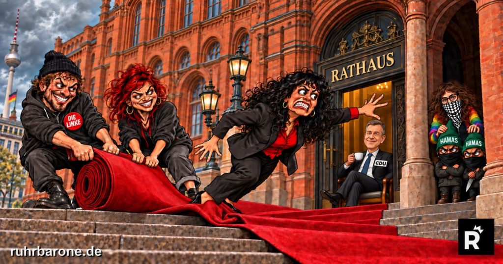 Fiktive politische Karikatur: Zwei erfundene Parteifiguren ziehen Elif Eralp vor dem Rathaus den roten Teppich unter den Füßen weg. Stefan Evers sitzt mit einer Kaffeetasse im Eingang. In einer Nische streichelt eine Karikatur von Hannah Bruns zwei Hamas-Wichtel; einer hält ein Messer.