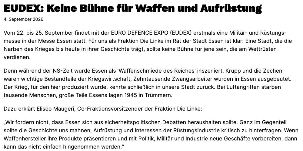 Überschrift, Datum und historische Begründung der Essener Linksfraktion gegen die EUDEX.