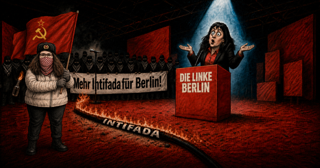 Karikatur: Vermummte halten hinter einer Rednerin am Pult „DIE LINKE BERLIN“ das Banner „Mehr Intifada für Berlin!“
