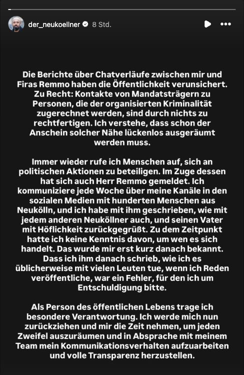 Ferat Koçaks Instagram-Erklärung: Er entschuldigt sich für den fortgesetzten Austausch mit Firas Remmo und kündigt die Aufarbeitung seines Kommunikationsverhaltens an.