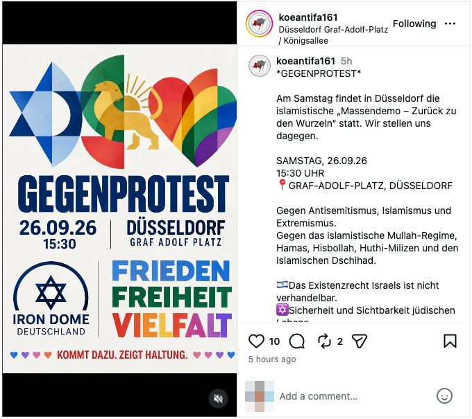 KöAntifa-Aufruf mit Iron-Dome-Deutschland-Flyer: Gegenprotest am 26. September 2026 um 15.30 Uhr am Graf-Adolf-Platz.