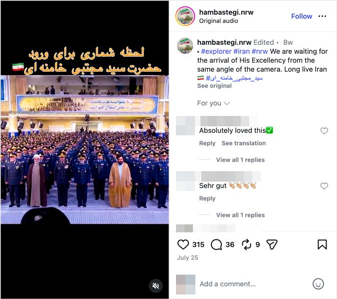 Khamenei-Beitrag von hambastegi.nrw mit Instagram-Übersetzung; Kommentaridentitäten verpixelt.