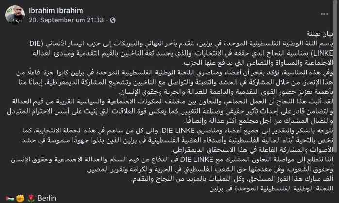 Arabischer Facebook-Beitrag von Ibrahim Ibrahim mit Glückwünschen an Die Linke im Namen des VPNK Berlin