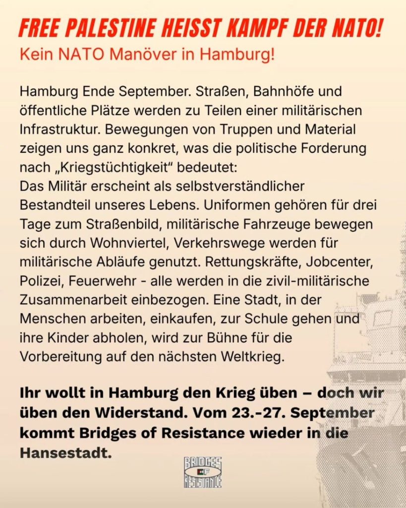 Instagram-Aufruf „Free Palestine heißt Kampf der NATO“ gegen eine NATO-Übung in Hamburg