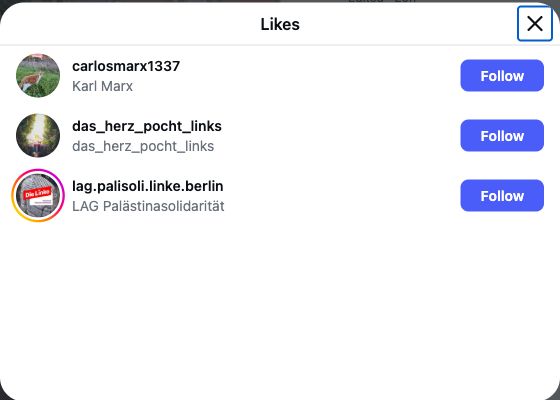Instagram-Like-Liste des Kommentars „Intifada nach Berlin holen“ mit dem Konto der LAG Palästinasolidarität
