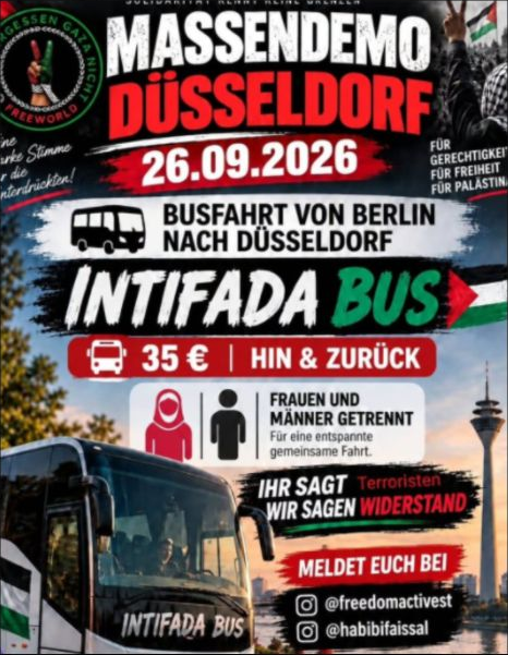 Dokumentierter Bus-Flyer mit Geschlechtertrennung und dem Satz Ihr sagt Terroristen – wir sagen Widerstand.