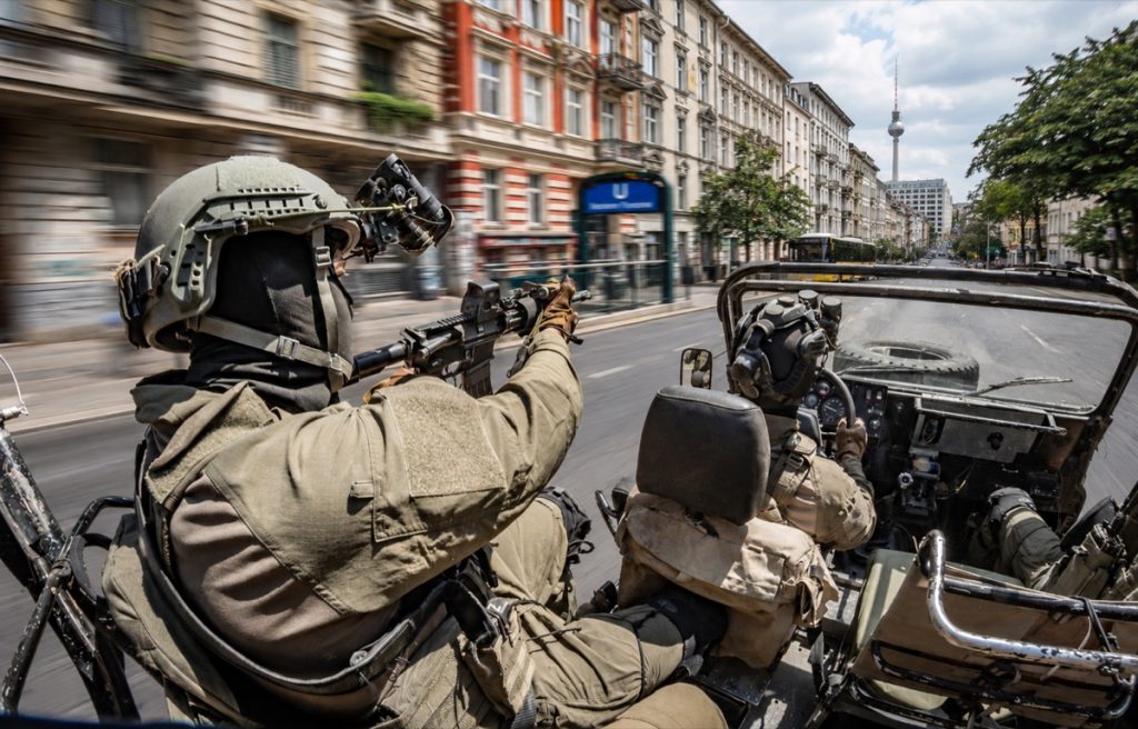 Fotomontage: Israelische Spezialkräfte in einem Geländewagen auf einer Berliner Straße