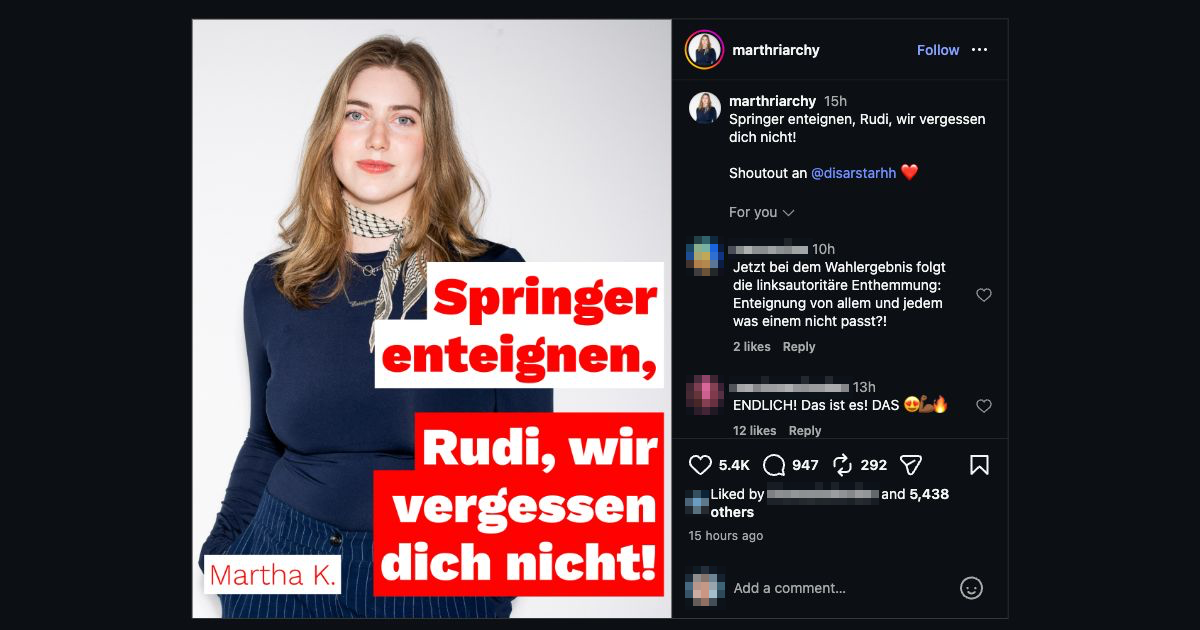 Screenshot von Martha Kleedörfers Instagram-Kachel mit der Forderung „Springer enteignen“