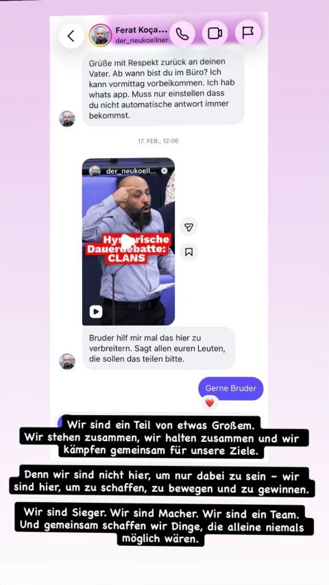 Von Firas Remmo veröffentlichter Chat: Ferat Koçak bittet ihn, einen Ausschnitt seiner Bundestagsrede zu verbreiten. Der schwarz hinterlegte Zusatz stammt von Remmo.