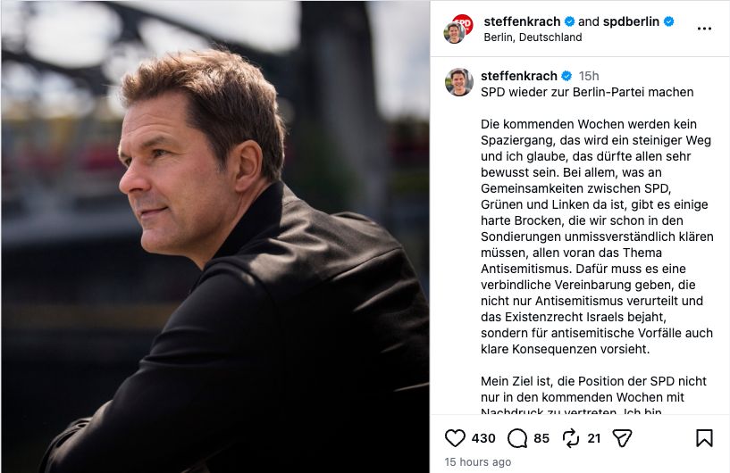 Screenshot des Instagram-Beitrags von Steffen Krach und SPD Berlin vom 28. September 2026 mit der Forderung nach verbindlichen Vereinbarungen gegen Antisemitismus