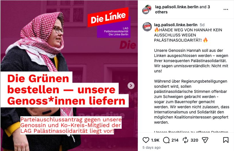 Screenshot des gemeinsamen Instagram-Beitrags der Berliner LAG Palästinasolidarität vom 24. September 2026 zum Streit um Hannah Bruns und mögliche Koalitionsinteressen