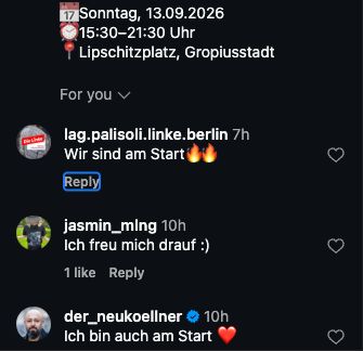 Instagram-Kommentare vom 8. September 2026: Die Palästina-LAG und Ferat Koçak kündigen ihre Teilnahme an der Blockparty an.