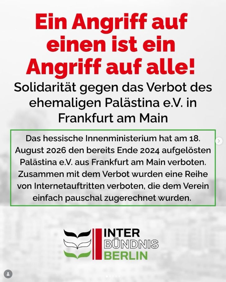Erste Folie des gemeinsamen Instagram-Beitrags gegen das Verbot von Palästina e.V.