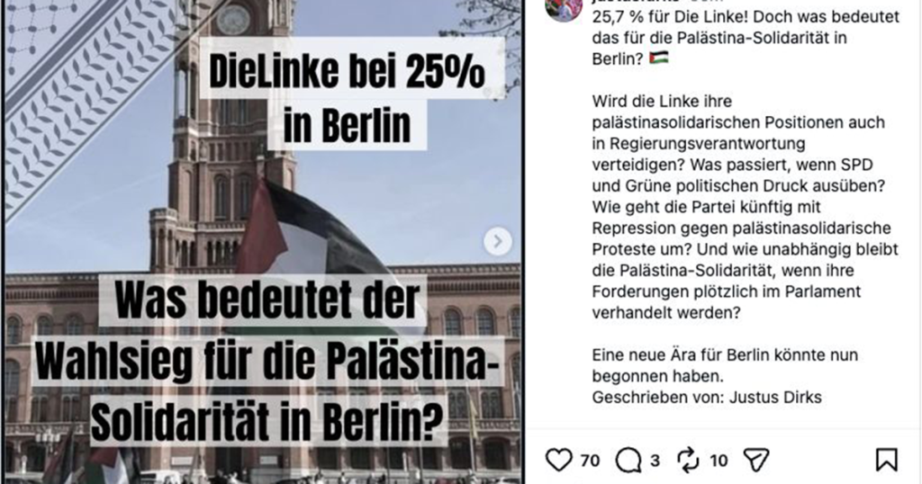 Instagram-Beitrag von Justus Dirks und der LAG Palästinasolidarität Berlin zum Wahlsieg der Linken