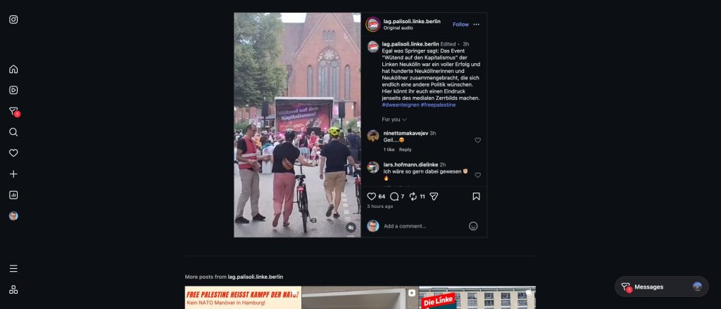 Instagram-Beitrag der LAG Palästinasolidarität der Linken Berlin zum Konzert in Neukölln