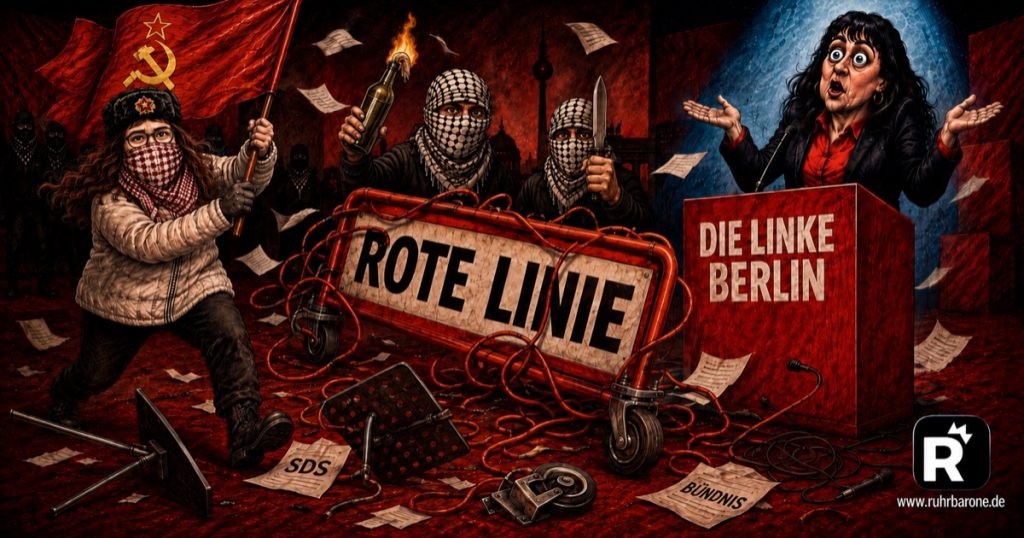 Satirische Karikatur zum Chaos bei der Berliner Linken: hinter einer schiefen Absperrung mit der Aufschrift Rote Linie stehen zwei vermummte Figuren mit Palästinensertüchern, Molotowcocktail und Messer; daneben ein Rednerpult Die Linke Berlin.