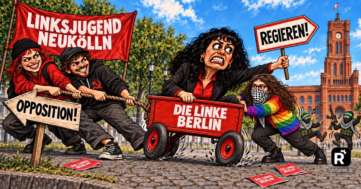 Fiktive politische Karikatur: Elif Eralp will im Wahlkampfwagen der Linken zum Roten Rathaus. Zwei erfundene Linksjugend-Figuren ziehen Richtung Opposition; auf einem Hoodie sind Hammer und Sichel zu sehen. Im Hintergrund tanzen zwei fiktive bewaffnete Hamas-Figuren.